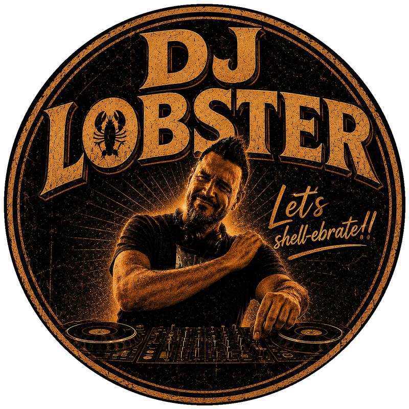 DJ L0BSTER — logo oficial circular con el DJ en cabina y el lema Let's shell-ebrate!!